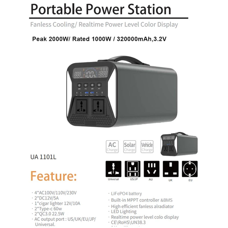 2000W 2048WH Portable Power Station Camping Lifepo4 Battery 1800W 1000W 600W Solar Generator Backup AC 220V for Home Outdoor RV