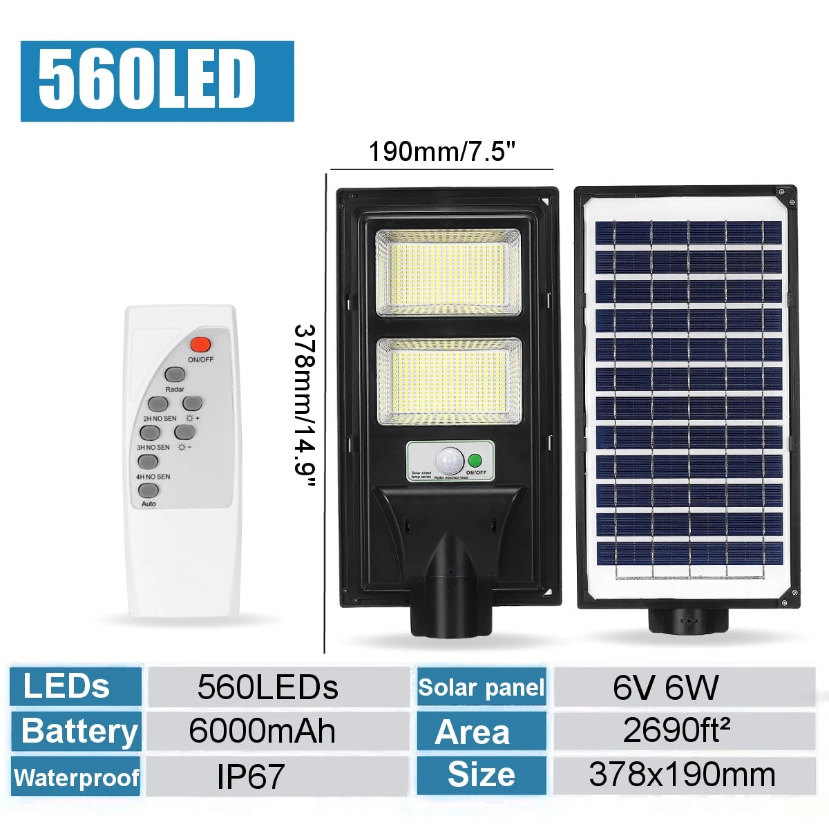 2500W Solar Street Lights Outdoor, 560LED 10000 Lumens Motion Sensor Solar Security Flood Lights, IP67 Waterproof 6500K Solar Wall Light with Remote Control for Yard, Garden, Parking Lot