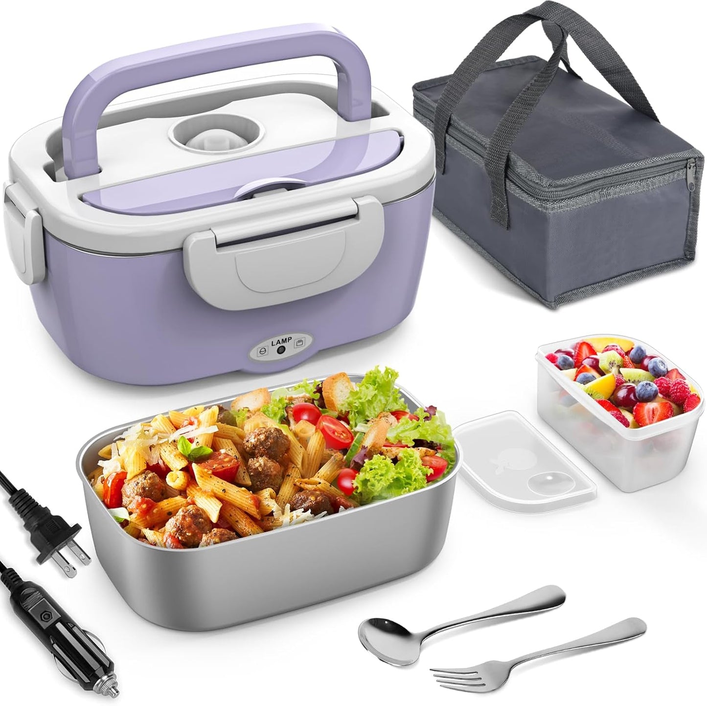 Electric Lunch Box for Adults, 1.2L/41Oz, 100W Fast Heated Lunch Box, 12V/24V/110V Portable Food Heater for Car/Office Work with 304 Stainless Steel Container, Blue Gray