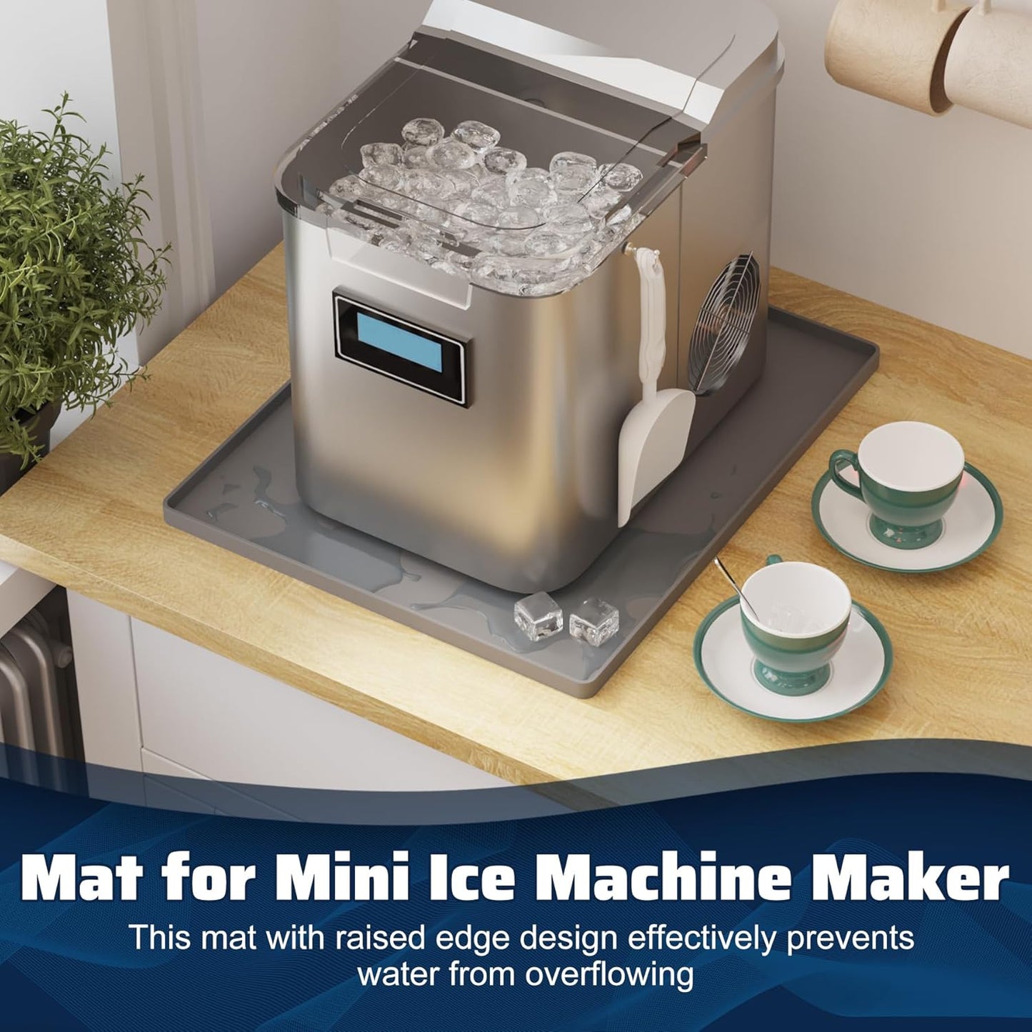 Ice Maker Countertop Mat, 12 X 10 Inch Silicone Protective Mat for Portable Mini Counter Top Nugget Ice Maker, Drain Tray for Ice Machine, Waterproof with Raised Edge Prevent Water Leakage