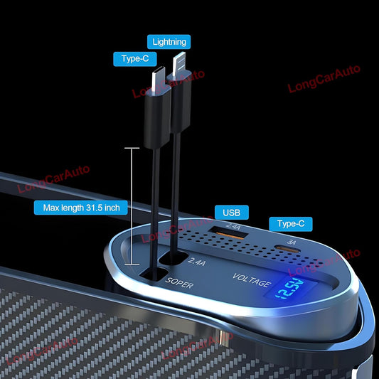 5 in 1 Car Seat Gap Filler Organizer with Wireless Charger and Cigarette Lighter, 2 Charging Cables, Retractable Charging Cords Ios Type-C USB Port Fast Charge Storage Box Cup Holder