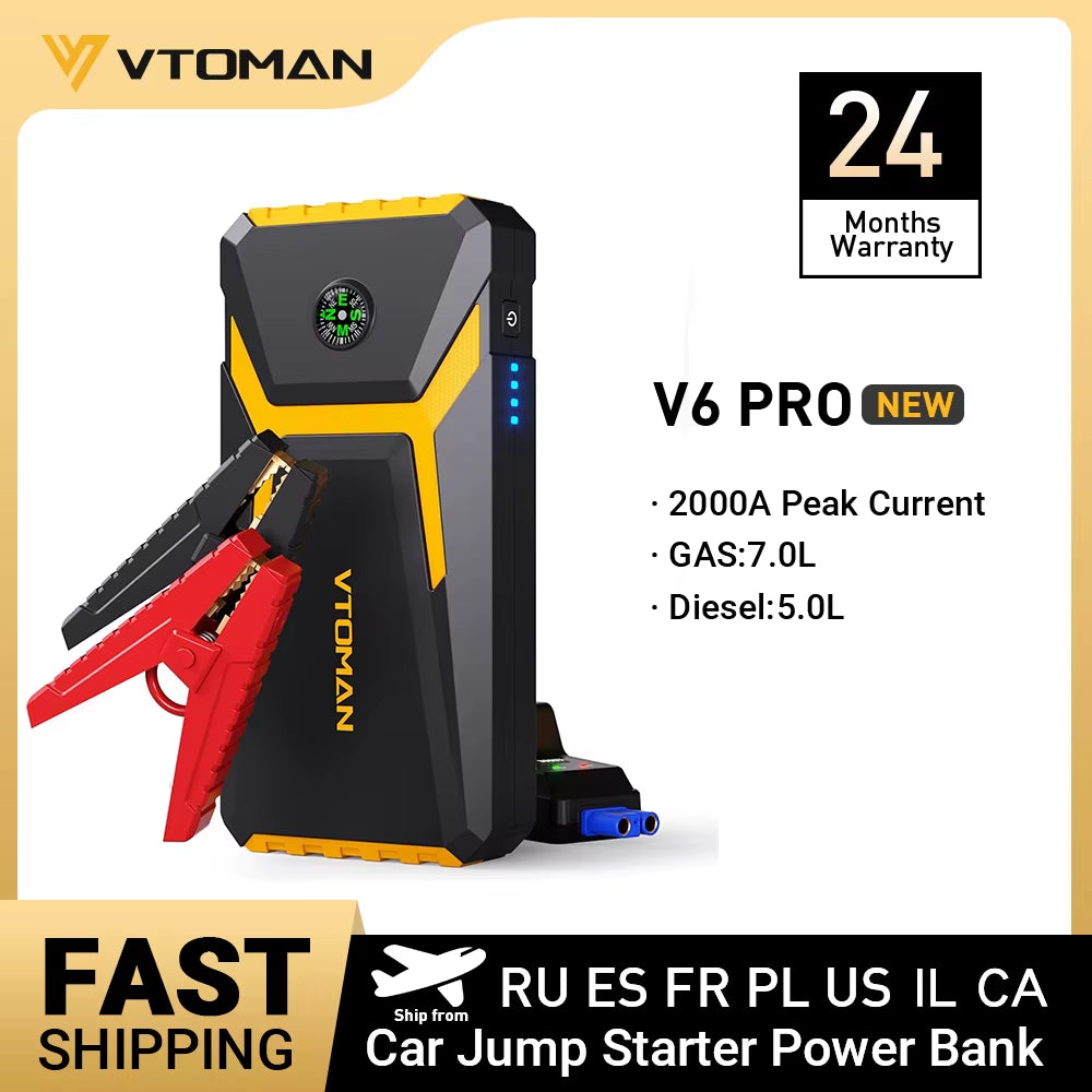 V6 Pro Car Jump Starter Power Bank 2000A Car Battery Charger Auto Emergency Booster Starting Device Jump Starter