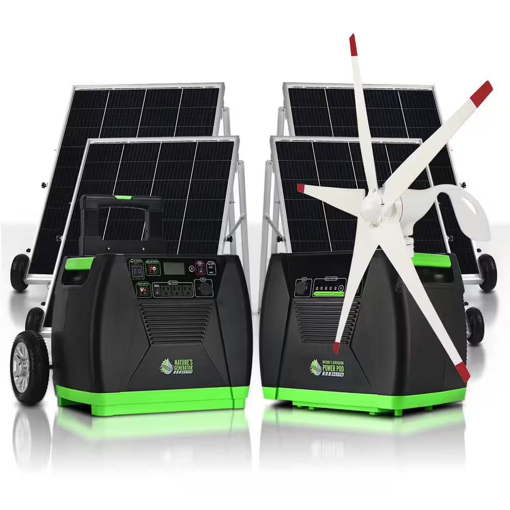 ELITE 3600-Watt/5760W Peak Push Button Start Solar Powered Portable Generator W/ 4 Solar Panels, Power Pod, Wind Turbine