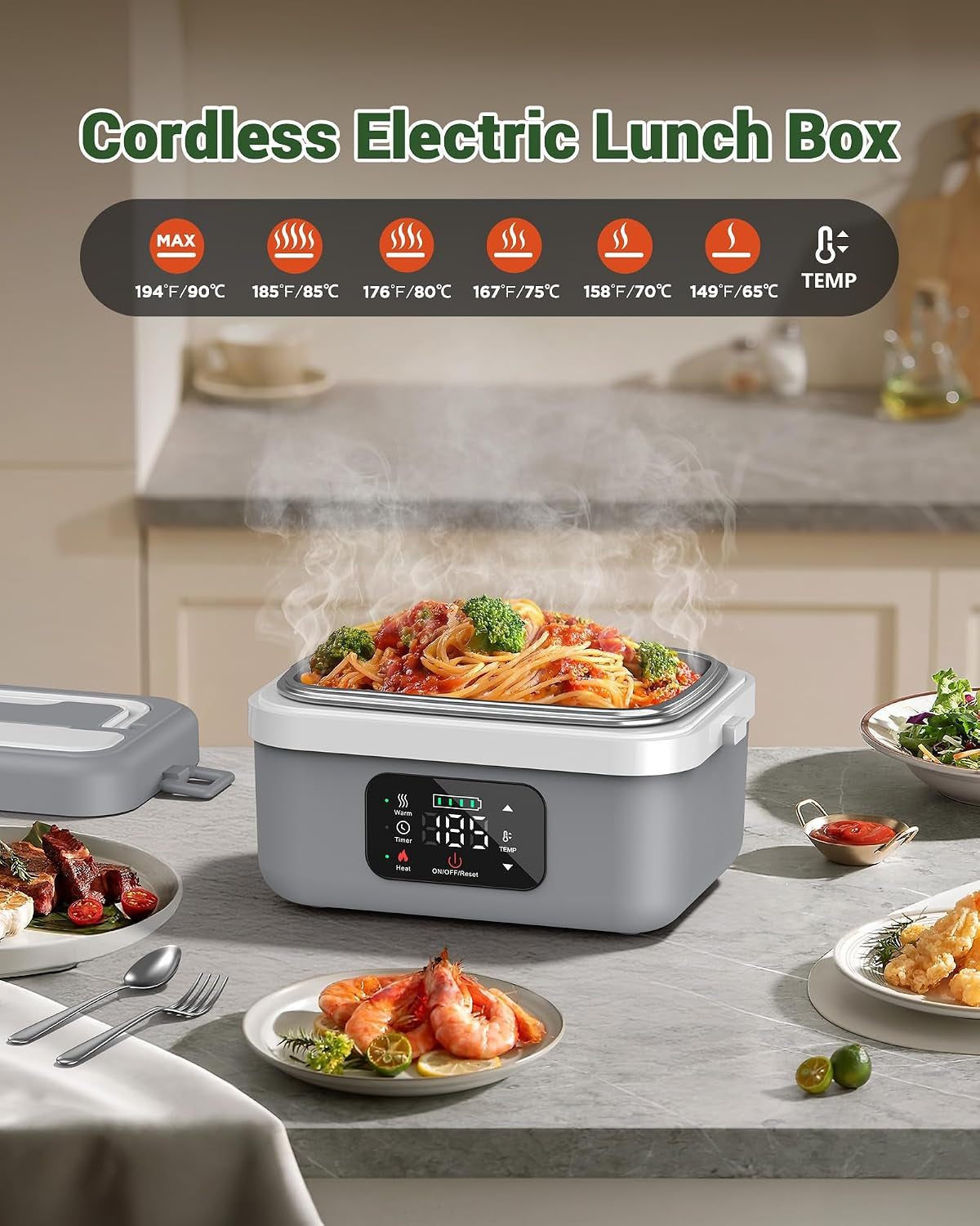 Cordless Electric Lunch Box for Adults, 16000Mah Rechargeable Self-Heating Lunch Box Food Warmer with Timer & Adjustable Heating, 34Oz/1L Container with Insulated Bag for Office Car Outdoor