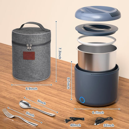 Electric Lunch Box for Adults, 1.2L/41Oz, 100W Fast Heated Lunch Box, 12V/24V/110V Portable Food Heater for Car/Office Work with 304 Stainless Steel Container, Blue Gray