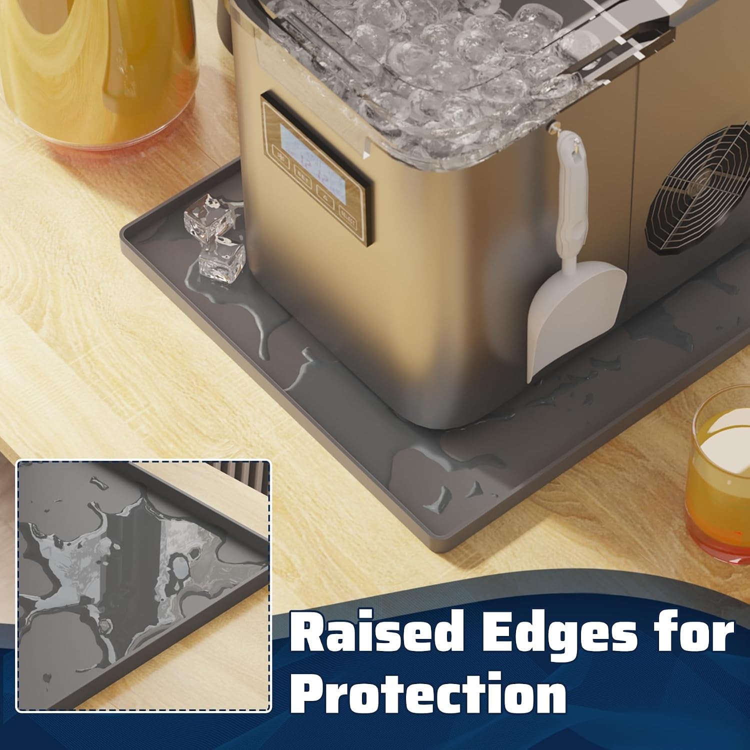 Ice Maker Countertop Mat, 12 X 10 Inch Silicone Protective Mat for Portable Mini Counter Top Nugget Ice Maker, Drain Tray for Ice Machine, Waterproof with Raised Edge Prevent Water Leakage