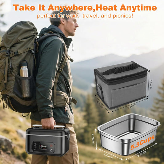 Cordless Heated Electric Lunch Box, 24000Mah Portable Food Warmer, 1.3L Stainless Steel Food Container, 5-Side 3D Heating, Auto Scheduled Heating, Self Heating Lunch Box for Truckers, Offices,Outdoors