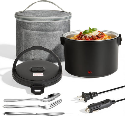 Electric Lunch Box, Portable Food Warmer for Car, Truck, Office, 12V 24V 110V Adapter, Leak Proof, 304 Stainless Steel Container, SS Fork & Spoon and Carry Bag (1.5L-Black)