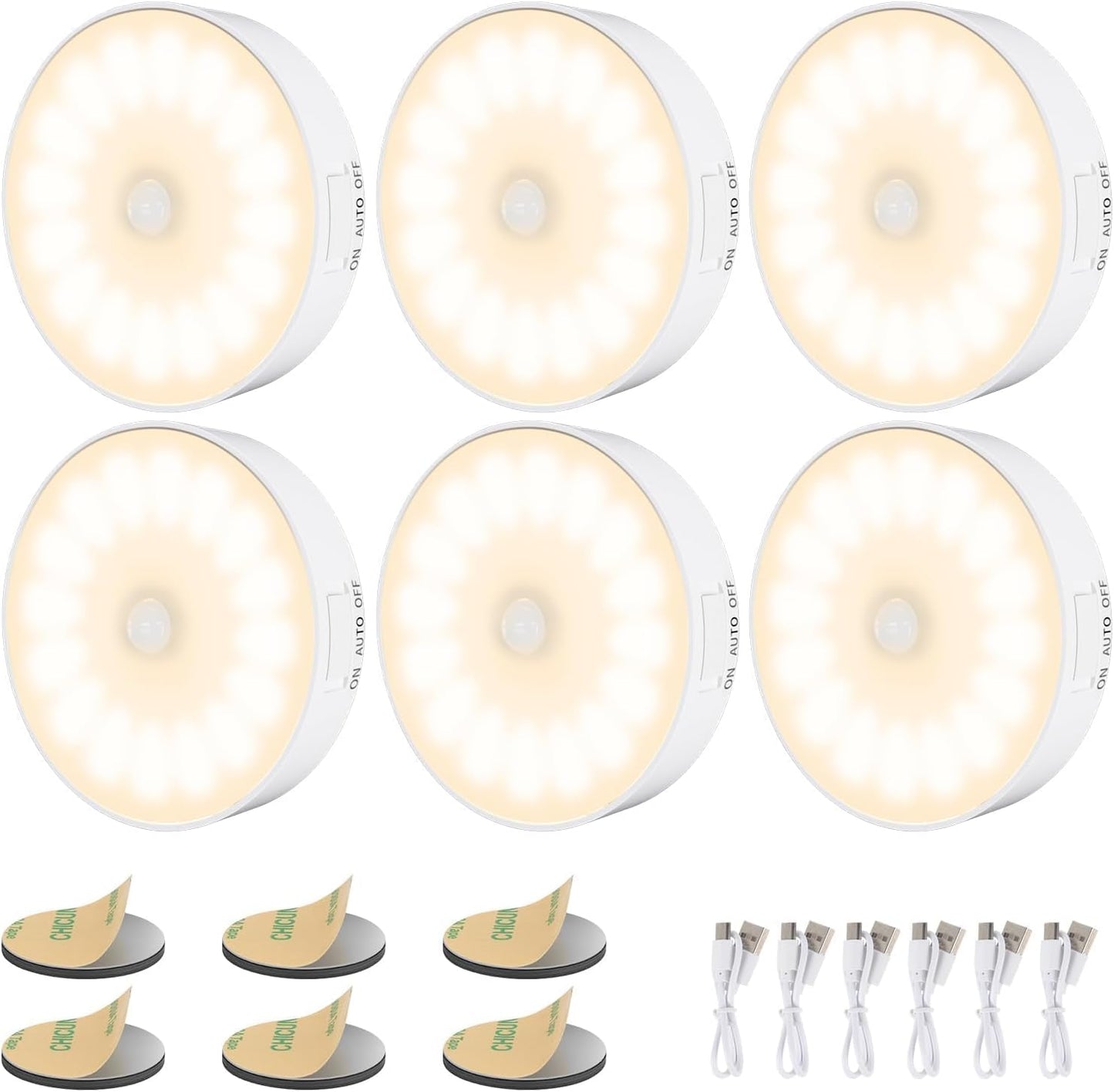 6 Pack Motion Sensor Light Indoor [Upgraded 14 Leds], USB Rechargeable Night Light, Long Last Battery & 3 Light Modes, Wireless Magnetic Nightlight for Closet, Stairs, Hallway - Cold White