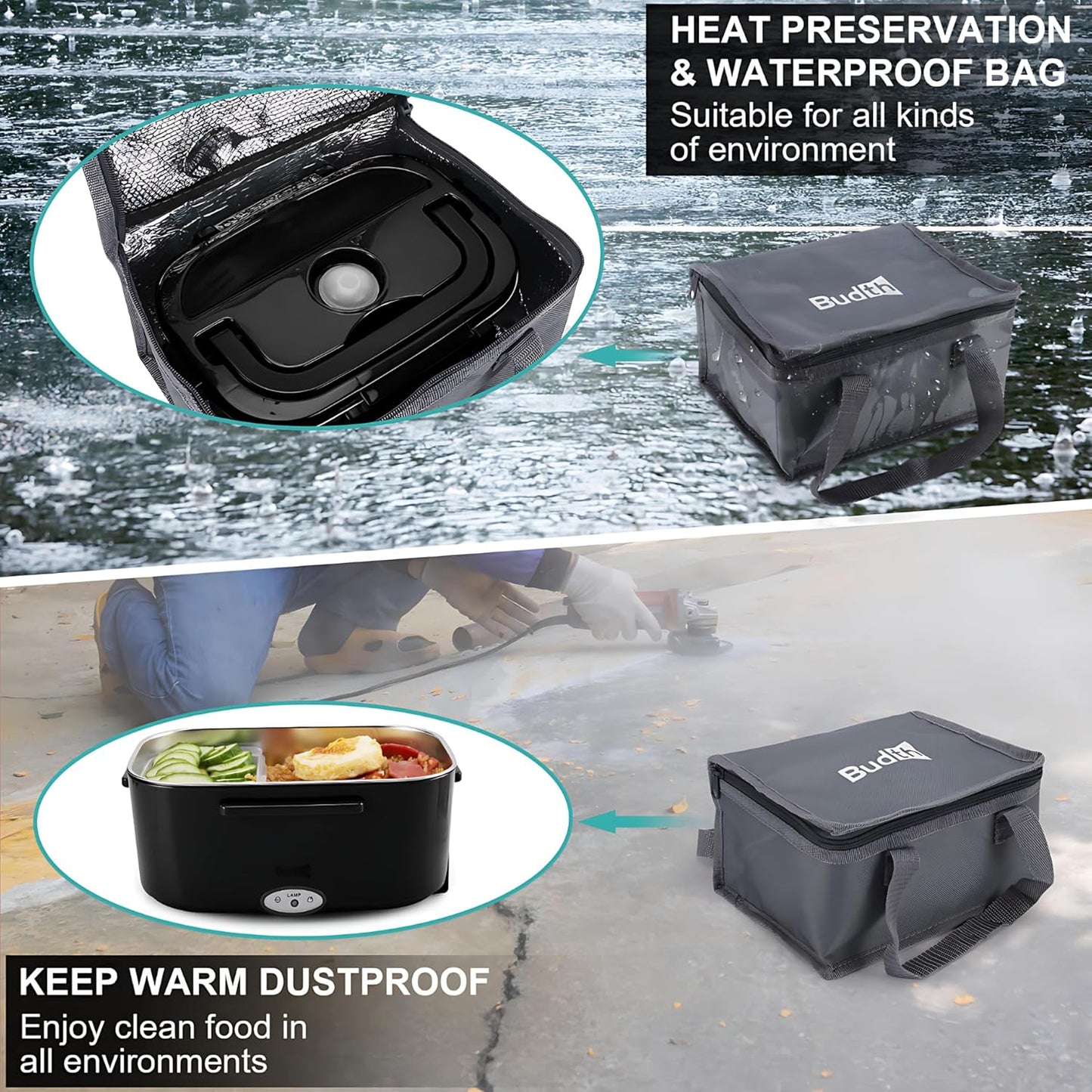 Electric Lunch Box, Portable Food Warmer for Car, Truck, Office, 12V 24V 110V Adapter, Leak Proof, 304 Stainless Steel Container, SS Fork & Spoon and Carry Bag (1.5L-Black)