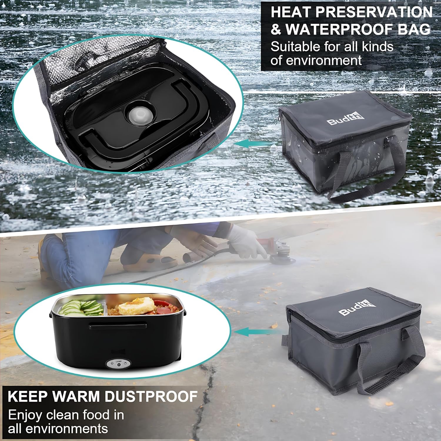 Electric Lunch Box, Portable Food Warmer for Car, Truck, Office, 12V 24V 110V Adapter, Leak Proof, 304 Stainless Steel Container, SS Fork & Spoon and Carry Bag (1.5L-Black)
