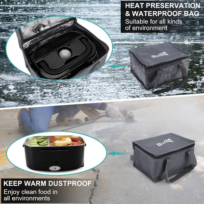 Electric Lunch Box, Portable Food Warmer for Car, Truck, Office, 12V 24V 110V Adapter, Leak Proof, 304 Stainless Steel Container, SS Fork & Spoon and Carry Bag (1.5L-Black)