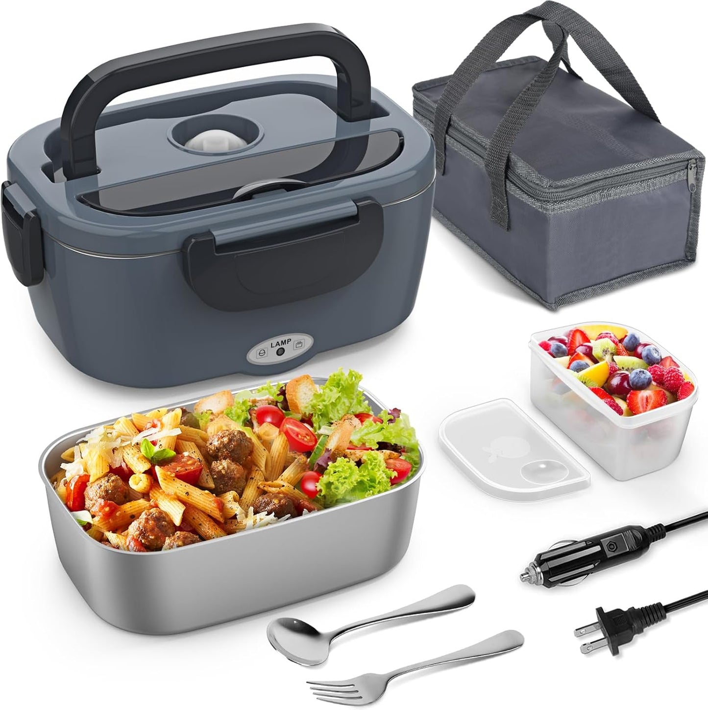 Electric Lunch Box for Adults, 1.2L/41Oz, 100W Fast Heated Lunch Box, 12V/24V/110V Portable Food Heater for Car/Office Work with 304 Stainless Steel Container, Blue Gray