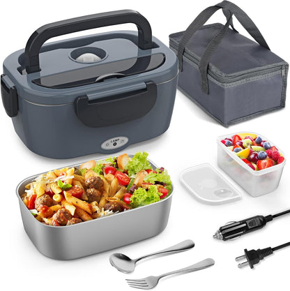 Electric Lunch Box for Adults, 1.2L/41Oz, 100W Fast Heated Lunch Box, 12V/24V/110V Portable Food Heater for Car/Office Work with 304 Stainless Steel Container, Blue Gray