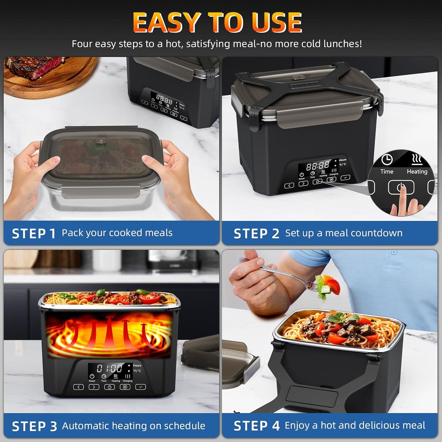 2026 Upgraded Cordless Electric Lunch Box, Heated Lunch Box for Adult, 1.2L Self Heating Lunch Box with Automatic Heating for Office, Construction, Truck and Travel