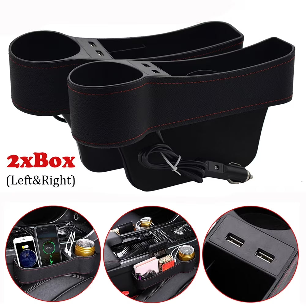 2PCS Car Seat Gap Organizer Rechargeable Dual USB Leather Storage Box Cup Holder