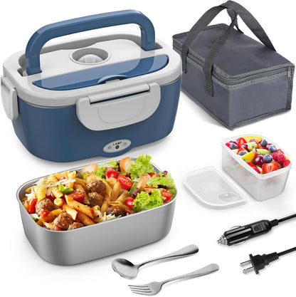 Electric Lunch Box for Adults, 1.2L/41Oz, 100W Fast Heated Lunch Box, 12V/24V/110V Portable Food Heater for Car/Office Work with 304 Stainless Steel Container, Blue Gray