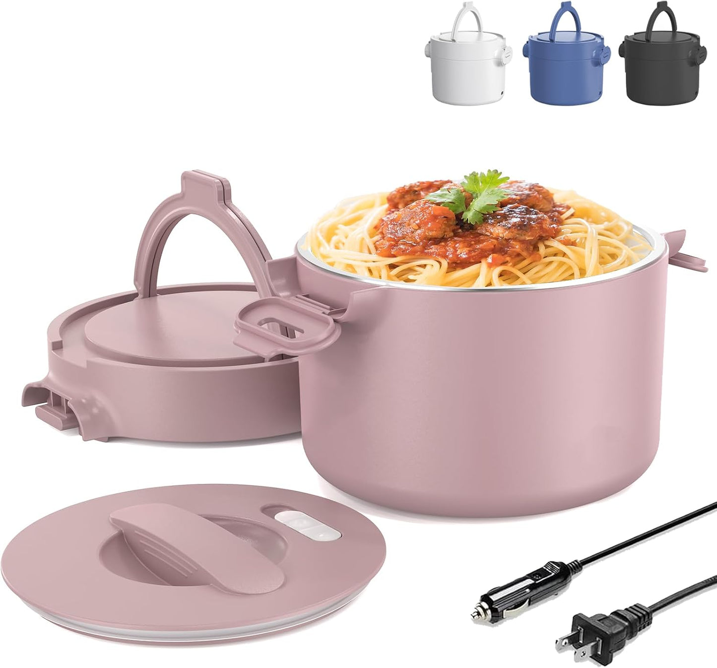 Electric Lunch Box, Portable Food Warmer for Car, Truck, Office, 12V 24V 110V Adapter, Leak Proof, 304 Stainless Steel Container, SS Fork & Spoon and Carry Bag (1.5L-Black)