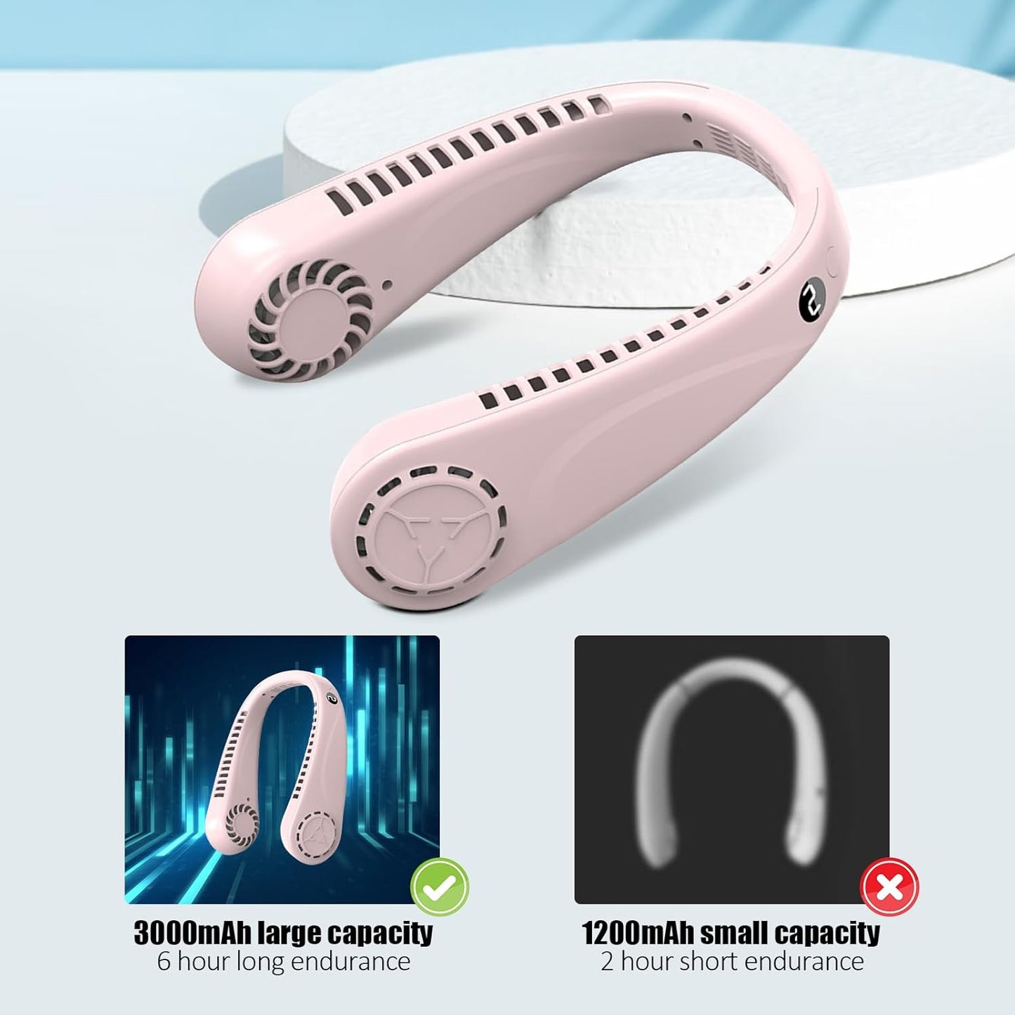 Portable Bladeless Hanging Neck Fans with Screen Display and 5 Speeds Levels, USB Rechargeable, 360° Cooling Wearable Personal Fan for Work Travel Sport Outdoor (Pink)
