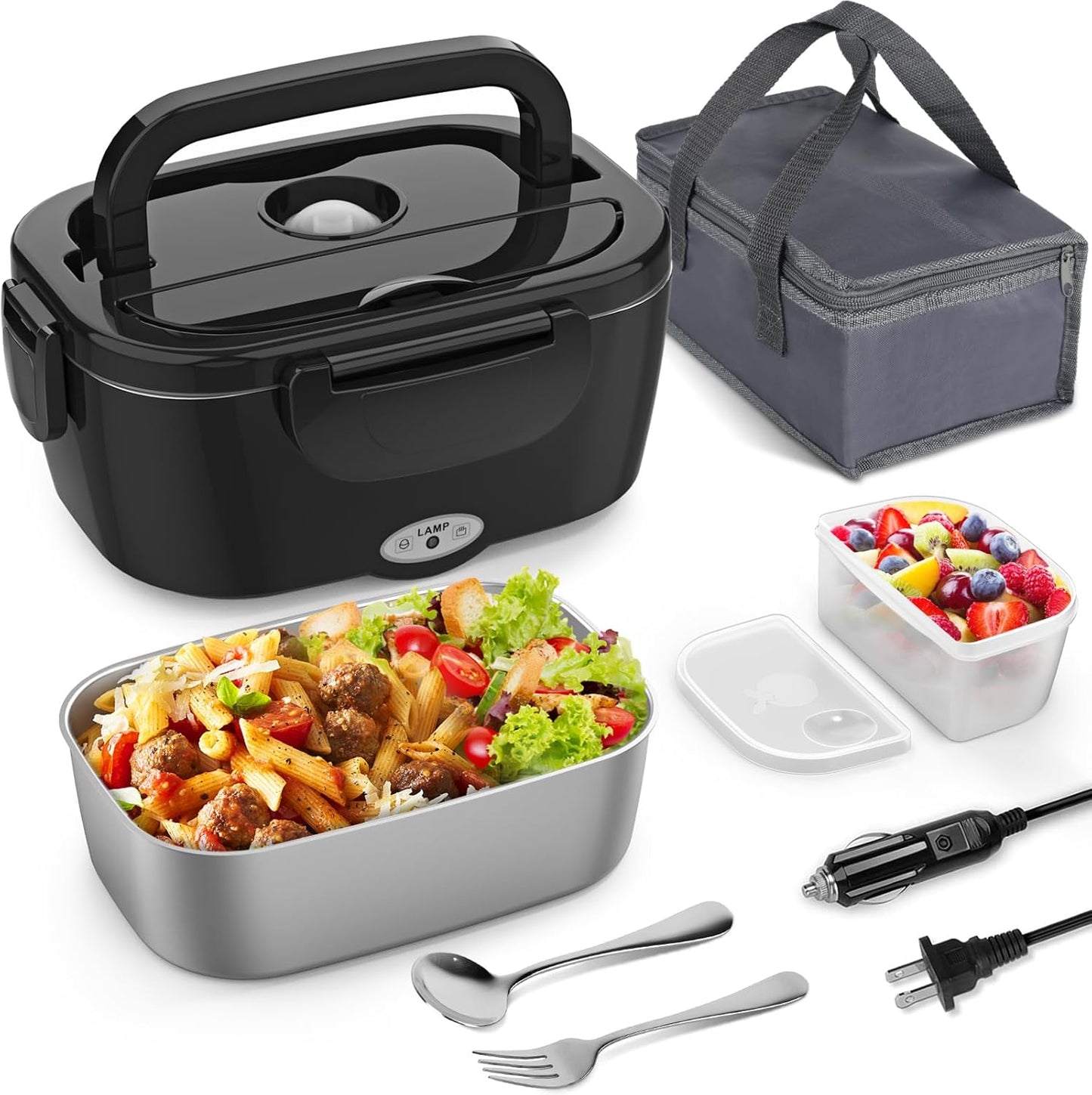 Electric Lunch Box for Adults, 1.2L/41Oz, 100W Fast Heated Lunch Box, 12V/24V/110V Portable Food Heater for Car/Office Work with 304 Stainless Steel Container, Blue Gray
