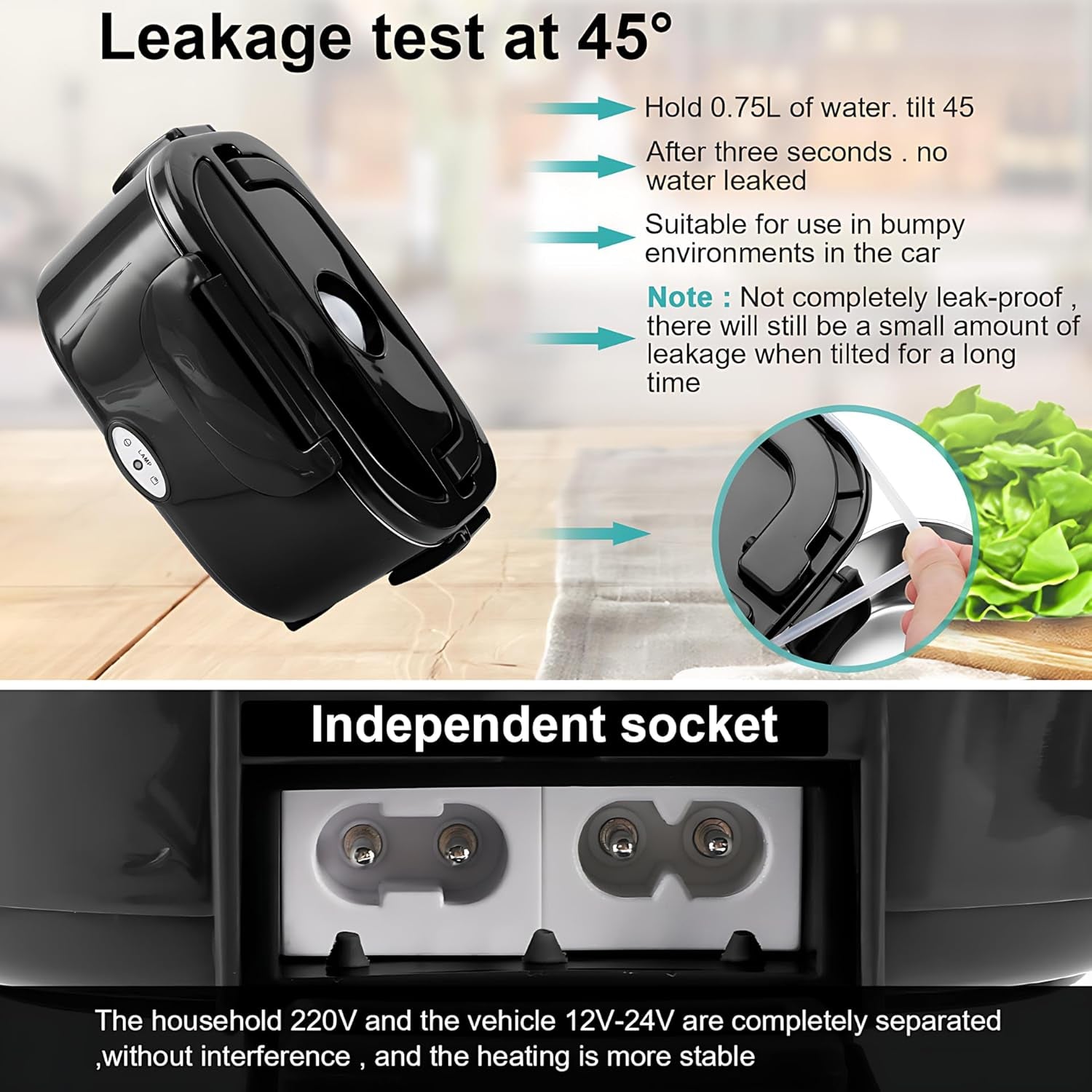 Electric Lunch Box, Portable Food Warmer for Car, Truck, Office, 12V 24V 110V Adapter, Leak Proof, 304 Stainless Steel Container, SS Fork & Spoon and Carry Bag (1.5L-Black)