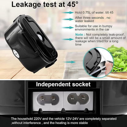 Electric Lunch Box, Portable Food Warmer for Car, Truck, Office, 12V 24V 110V Adapter, Leak Proof, 304 Stainless Steel Container, SS Fork & Spoon and Carry Bag (1.5L-Black)