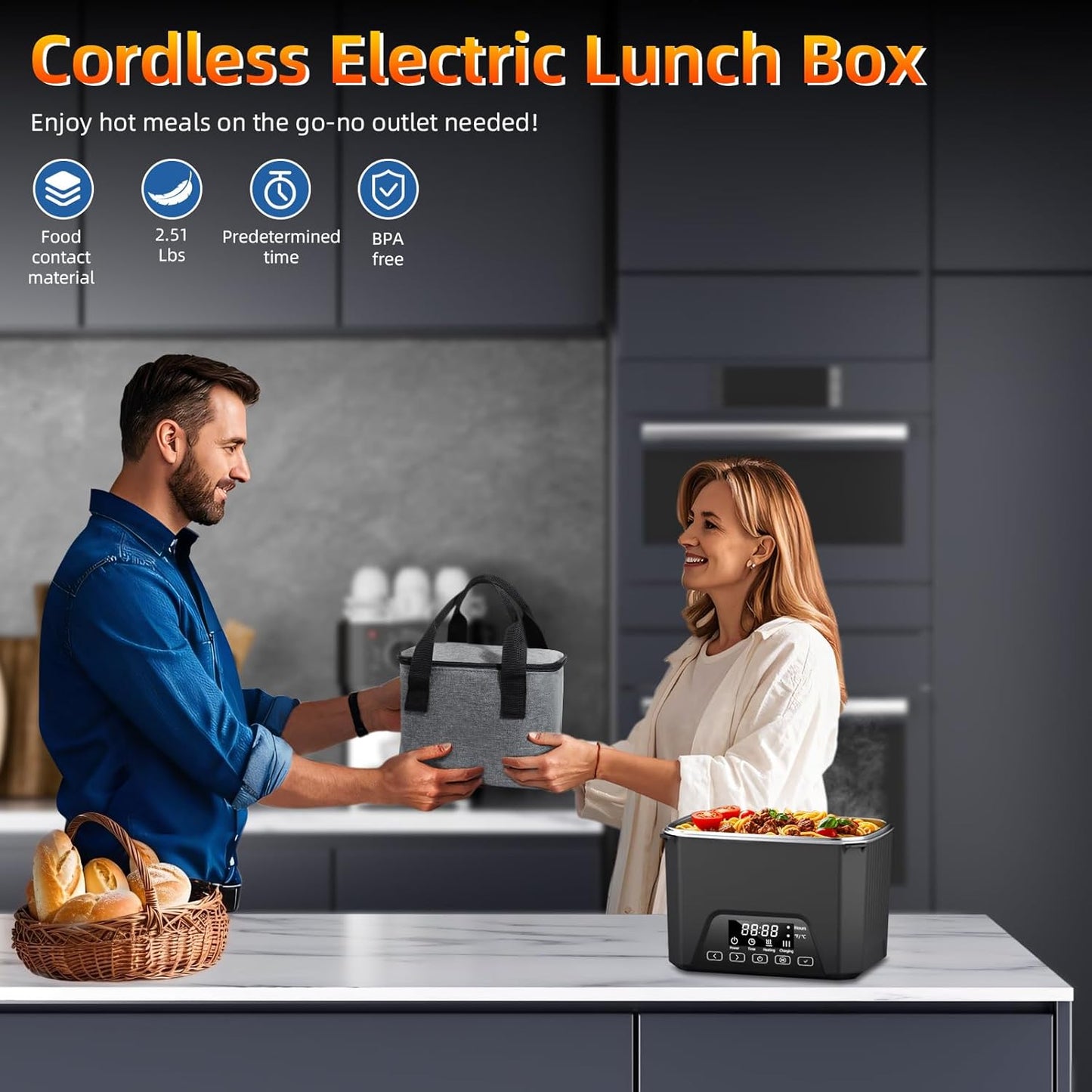 2026 Upgraded Cordless Electric Lunch Box, Heated Lunch Box for Adult, 1.2L Self Heating Lunch Box with Automatic Heating for Office, Construction, Truck and Travel