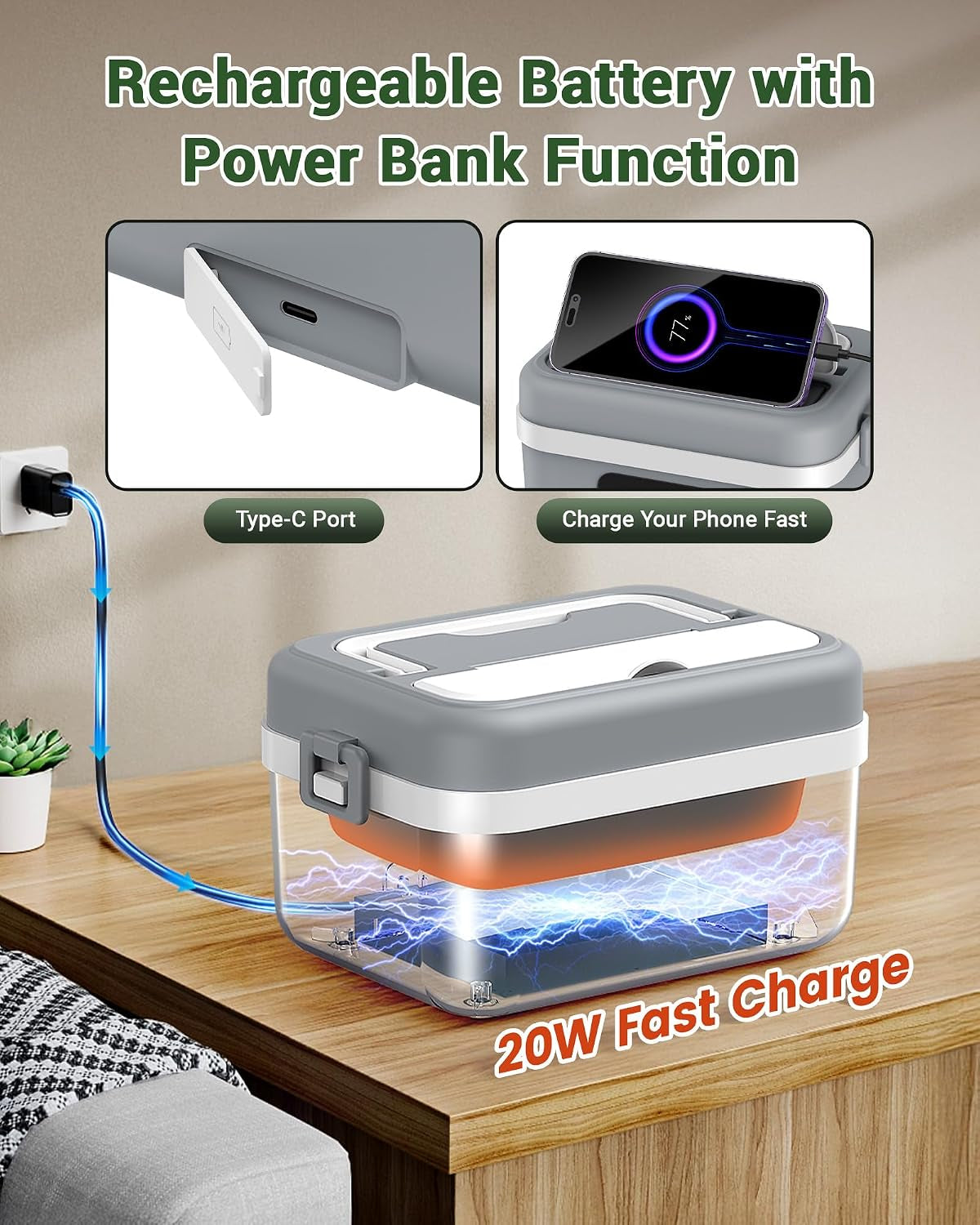 Cordless Electric Lunch Box for Adults, 16000Mah Rechargeable Self-Heating Lunch Box Food Warmer with Timer & Adjustable Heating, 34Oz/1L Container with Insulated Bag for Office Car Outdoor