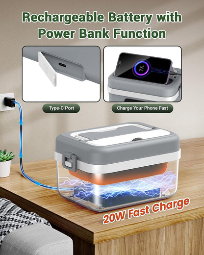 Cordless Electric Lunch Box for Adults, 16000Mah Rechargeable Self-Heating Lunch Box Food Warmer with Timer & Adjustable Heating, 34Oz/1L Container with Insulated Bag for Office Car Outdoor