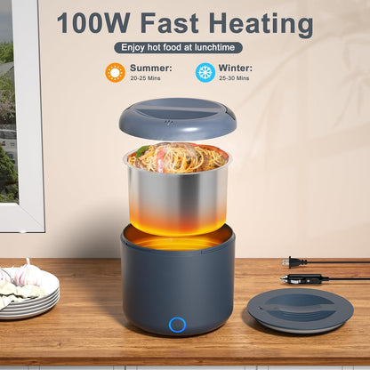 Electric Lunch Box for Adults, 1.2L/41Oz, 100W Fast Heated Lunch Box, 12V/24V/110V Portable Food Heater for Car/Office Work with 304 Stainless Steel Container, Blue Gray
