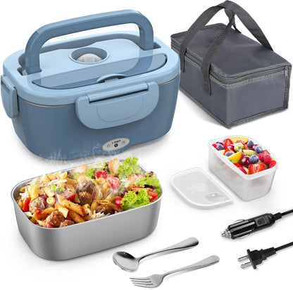 Electric Lunch Box for Adults, 1.2L/41Oz, 100W Fast Heated Lunch Box, 12V/24V/110V Portable Food Heater for Car/Office Work with 304 Stainless Steel Container, Blue Gray
