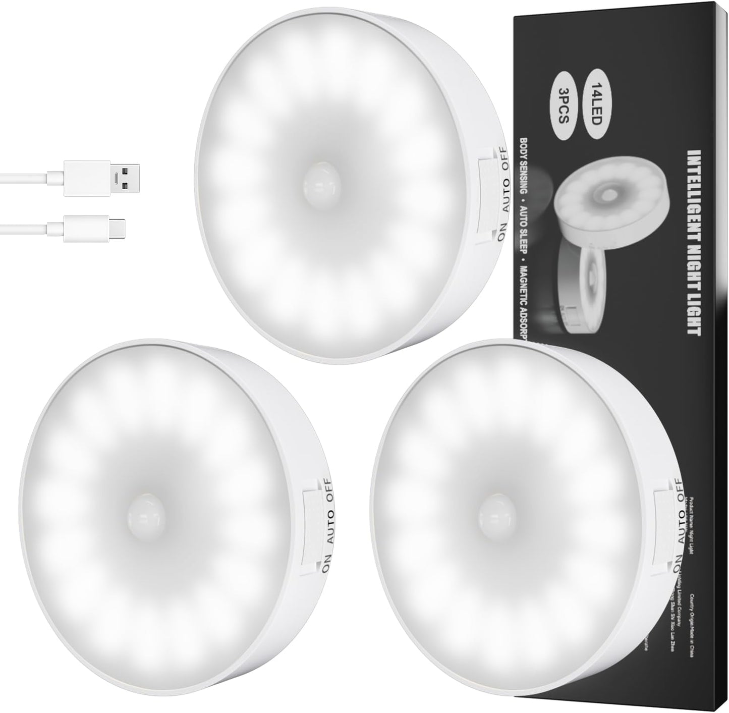 6 Pack Motion Sensor Light Indoor [Upgraded 14 Leds], USB Rechargeable Night Light, Long Last Battery & 3 Light Modes, Wireless Magnetic Nightlight for Closet, Stairs, Hallway - Cold White