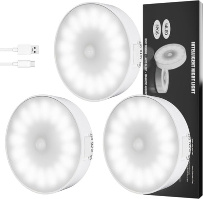 6 Pack Motion Sensor Light Indoor [Upgraded 14 Leds], USB Rechargeable Night Light, Long Last Battery & 3 Light Modes, Wireless Magnetic Nightlight for Closet, Stairs, Hallway - Cold White