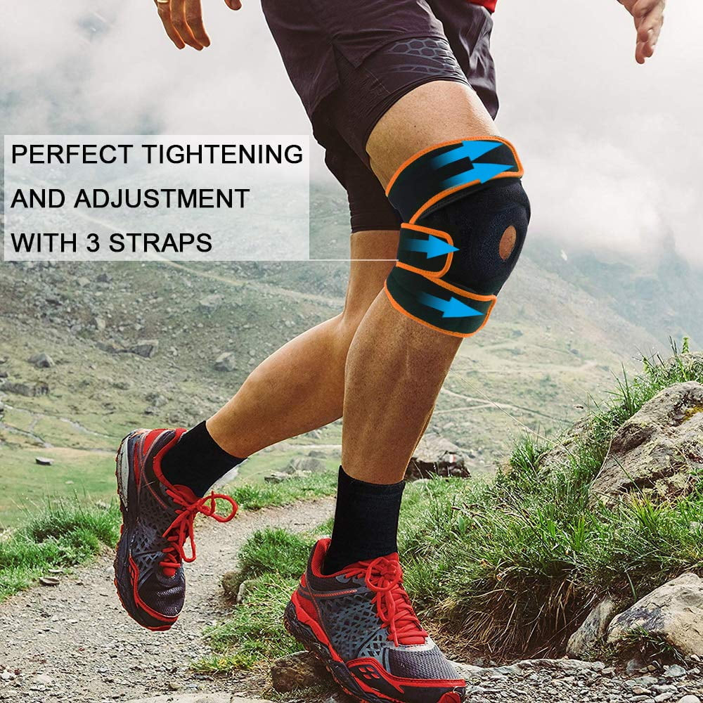 Knee Brace, Relieves ACL, LCL, MCL, Meniscus Tear, Arthritis, Tendonitis Pain. Open Patella Dual Stabilizers Non Slip Comfort Neoprene. Adjustable Bi-Directional Straps (Orange)