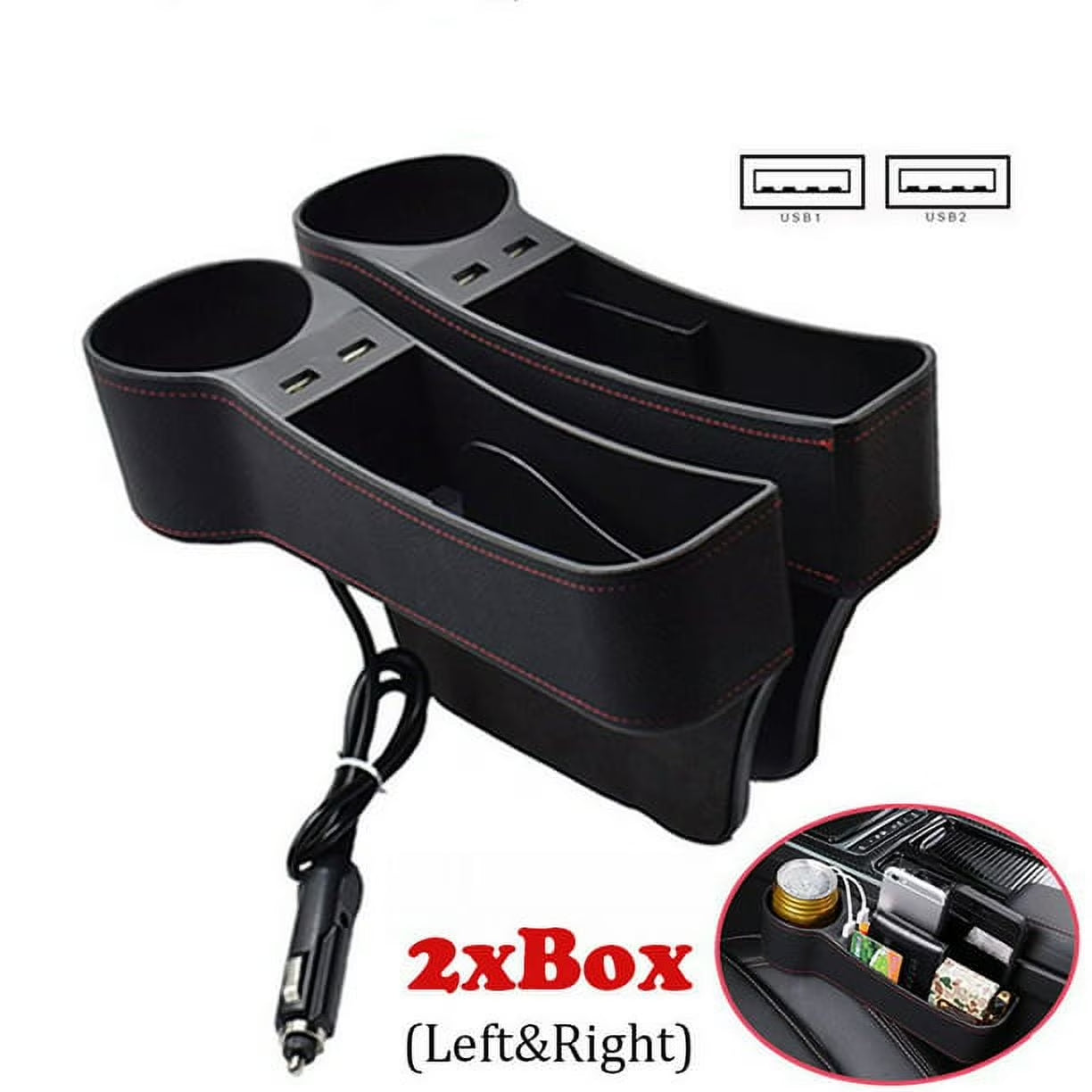 2PCS Car Seat Gap Organizer Rechargeable Dual USB Leather Storage Box Cup Holder