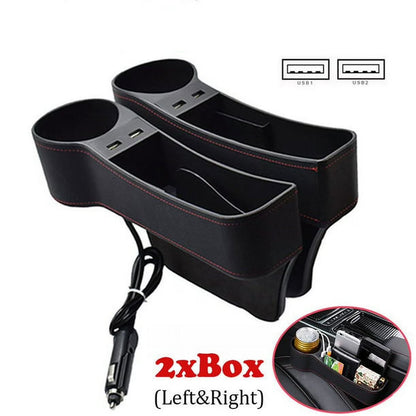 2PCS Car Seat Gap Organizer Rechargeable Dual USB Leather Storage Box Cup Holder