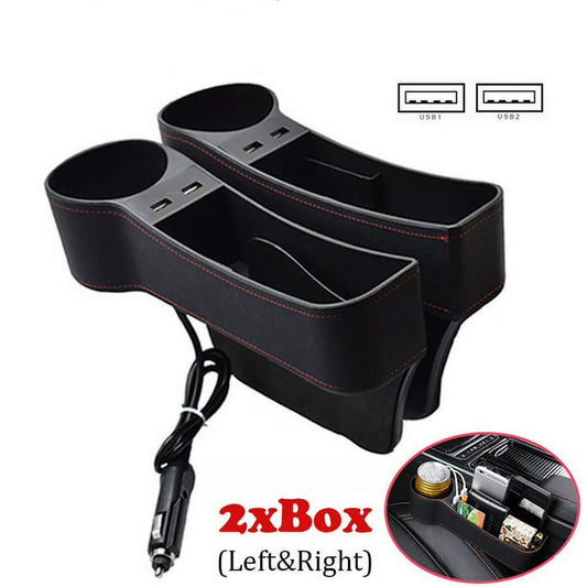 2PCS Car Seat Gap Organizer Rechargeable Dual USB Leather Storage Box Cup Holder