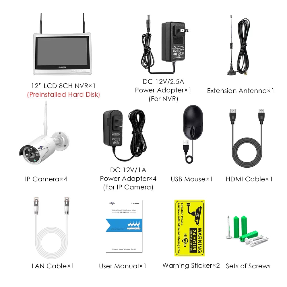 3MP Security Camera System with 12.1" Monitor, 3TB Hard Drive, 4Pcs Security Cameras Wireless Wifi for Recording and Remote View, Home Security Camera System (Supports Only 2.4Ghz Wi-Fi)