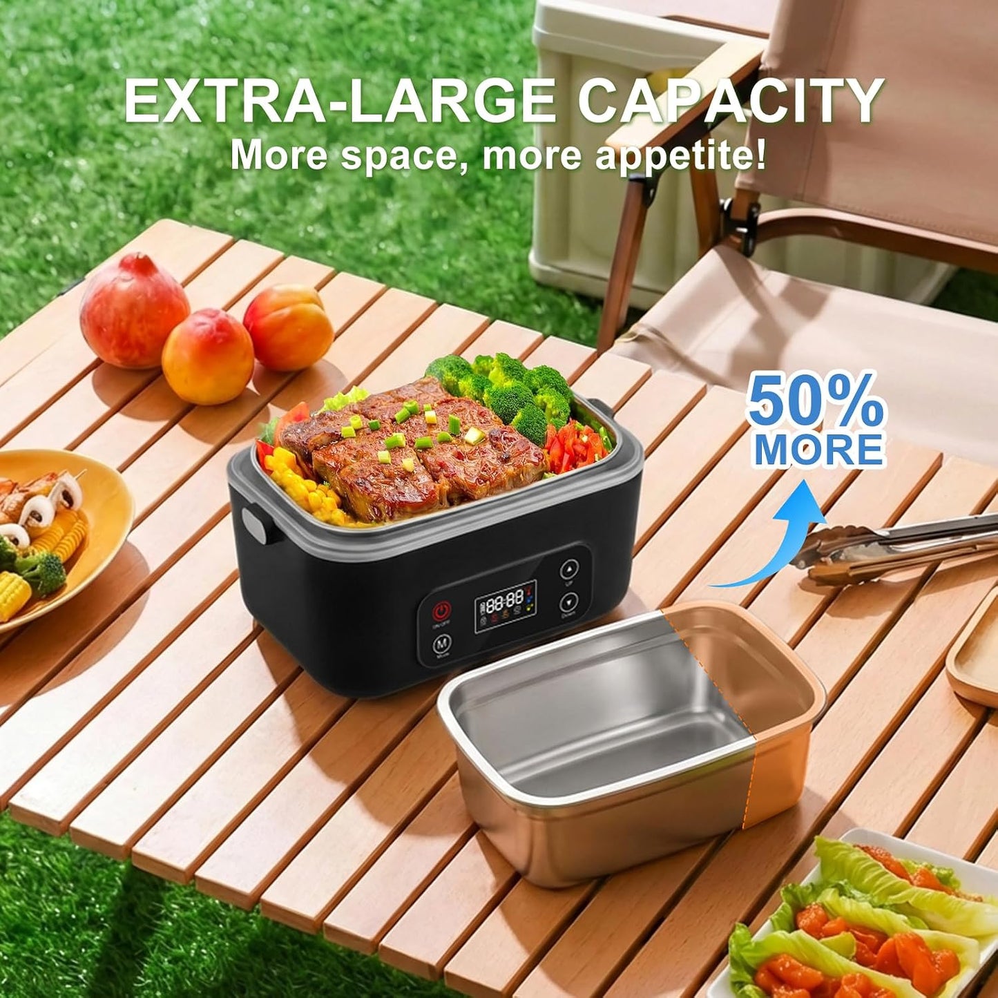 Cordless Heated Electric Lunch Box, 24000Mah Portable Food Warmer, 1.3L Stainless Steel Food Container, 5-Side 3D Heating, Auto Scheduled Heating, Self Heating Lunch Box for Truckers, Offices,Outdoors