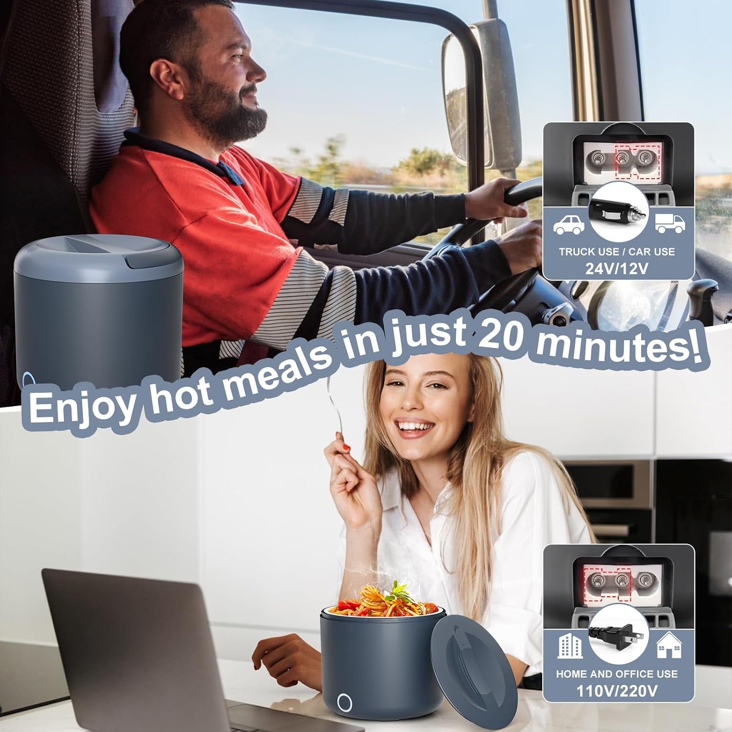 Electric Lunch Box for Adults, 1.2L/41Oz, 100W Fast Heated Lunch Box, 12V/24V/110V Portable Food Heater for Car/Office Work with 304 Stainless Steel Container, Blue Gray