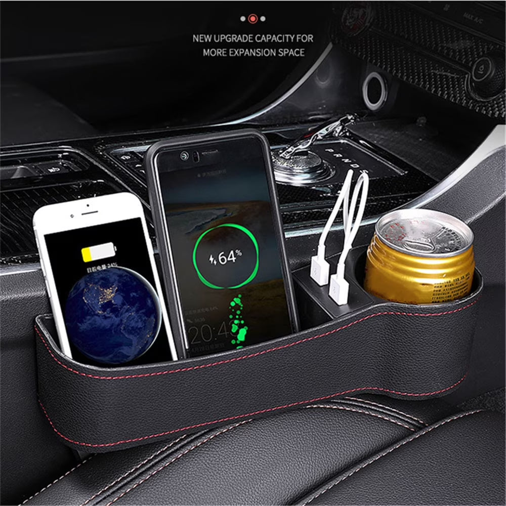 2PCS Car Seat Gap Organizer Rechargeable Dual USB Leather Storage Box Cup Holder