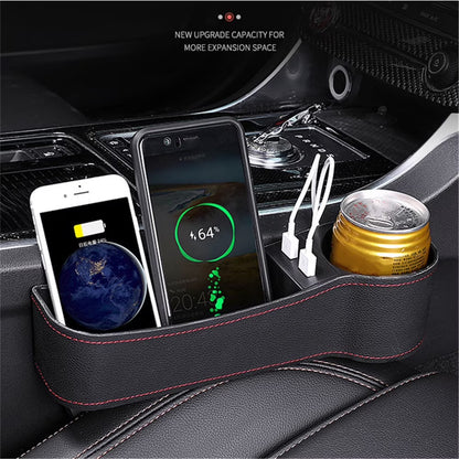 2PCS Car Seat Gap Organizer Rechargeable Dual USB Leather Storage Box Cup Holder