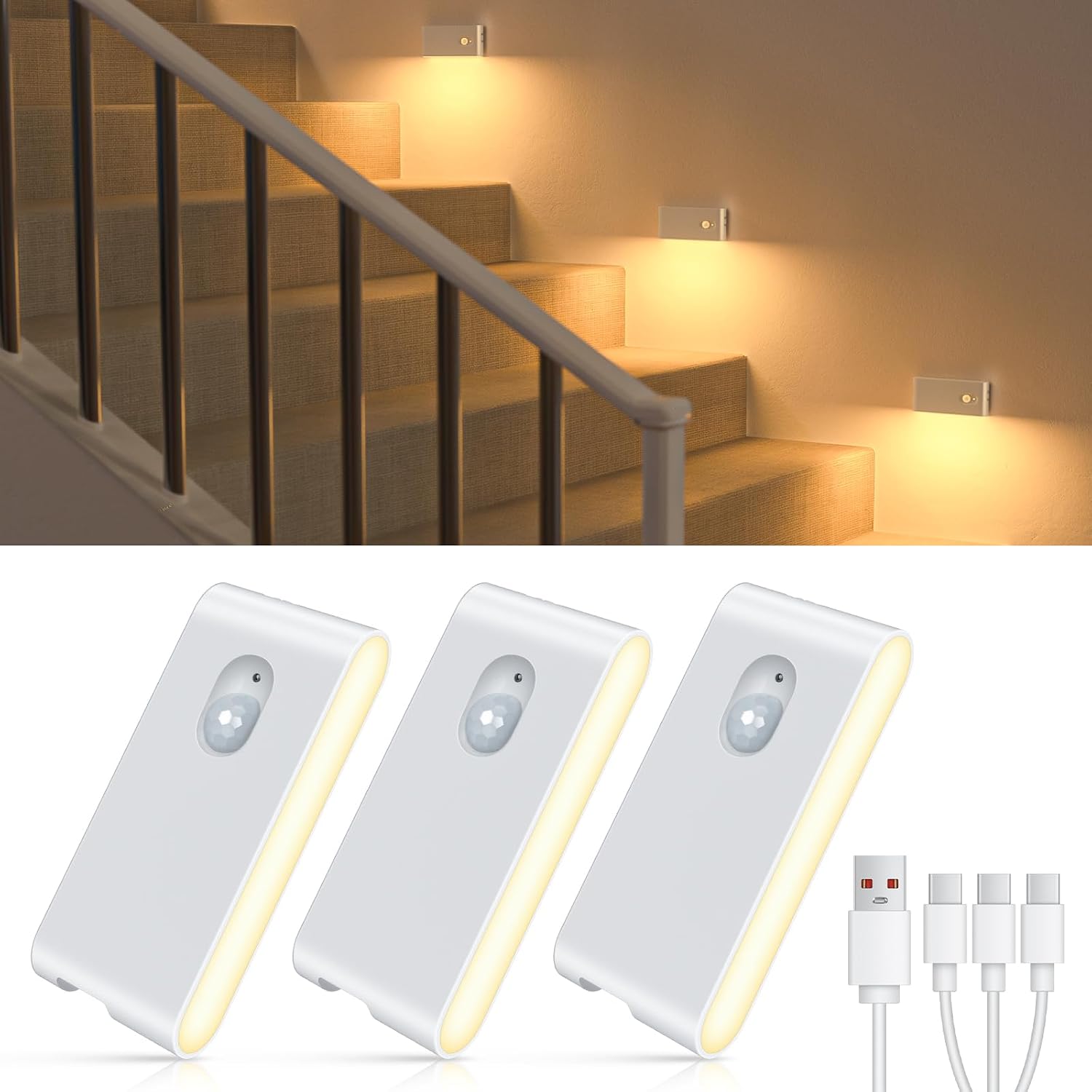 Stair Lights Indoor, Warm White Rechargeable Night Light, Wireless Motion Sensor Light Indoor for Stairs, Hallway, Stairway, Bathroom, Bedroom, Kitchen, 10 Pack