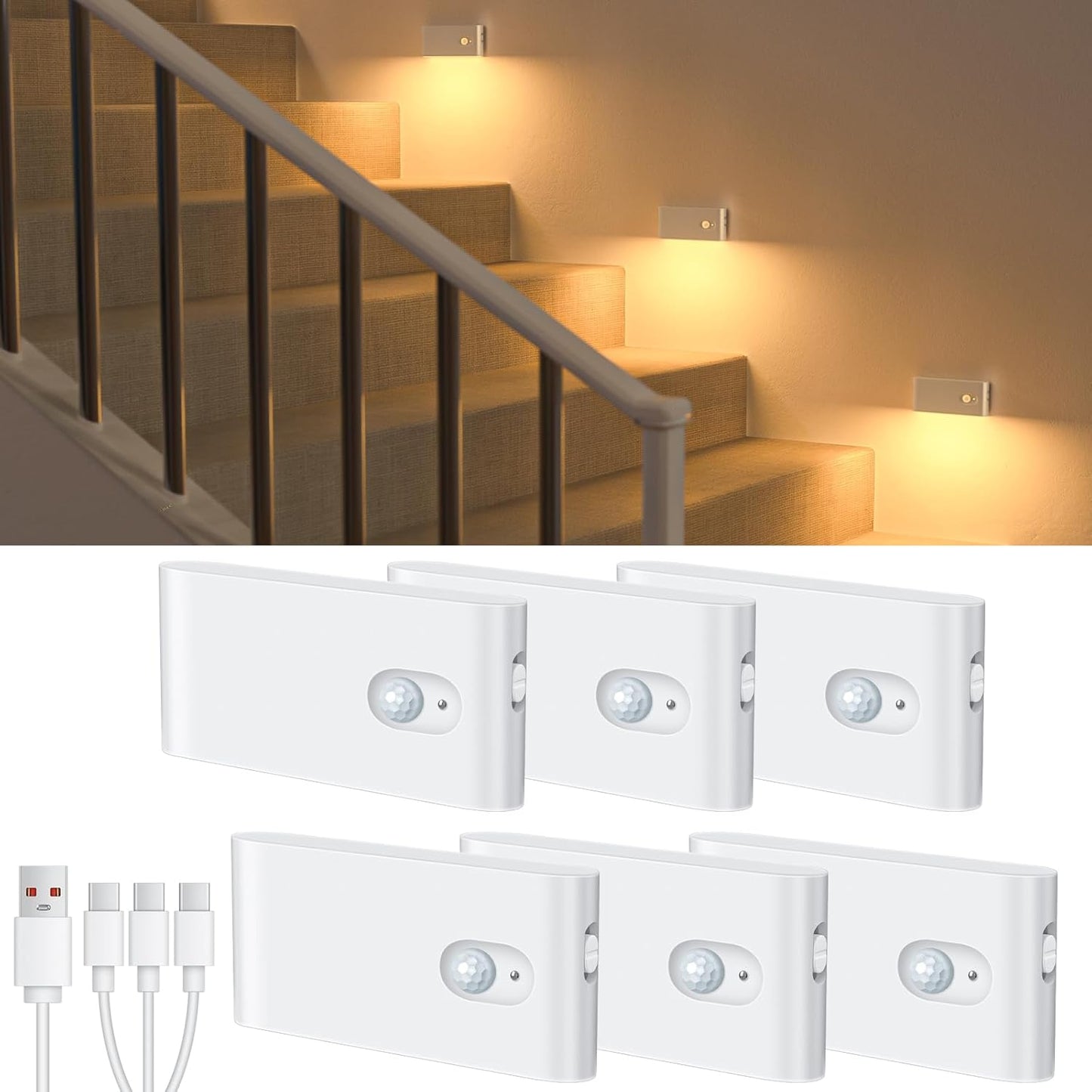 Stair Lights Indoor, Warm White Rechargeable Night Light, Wireless Motion Sensor Light Indoor for Stairs, Hallway, Stairway, Bathroom, Bedroom, Kitchen, 10 Pack