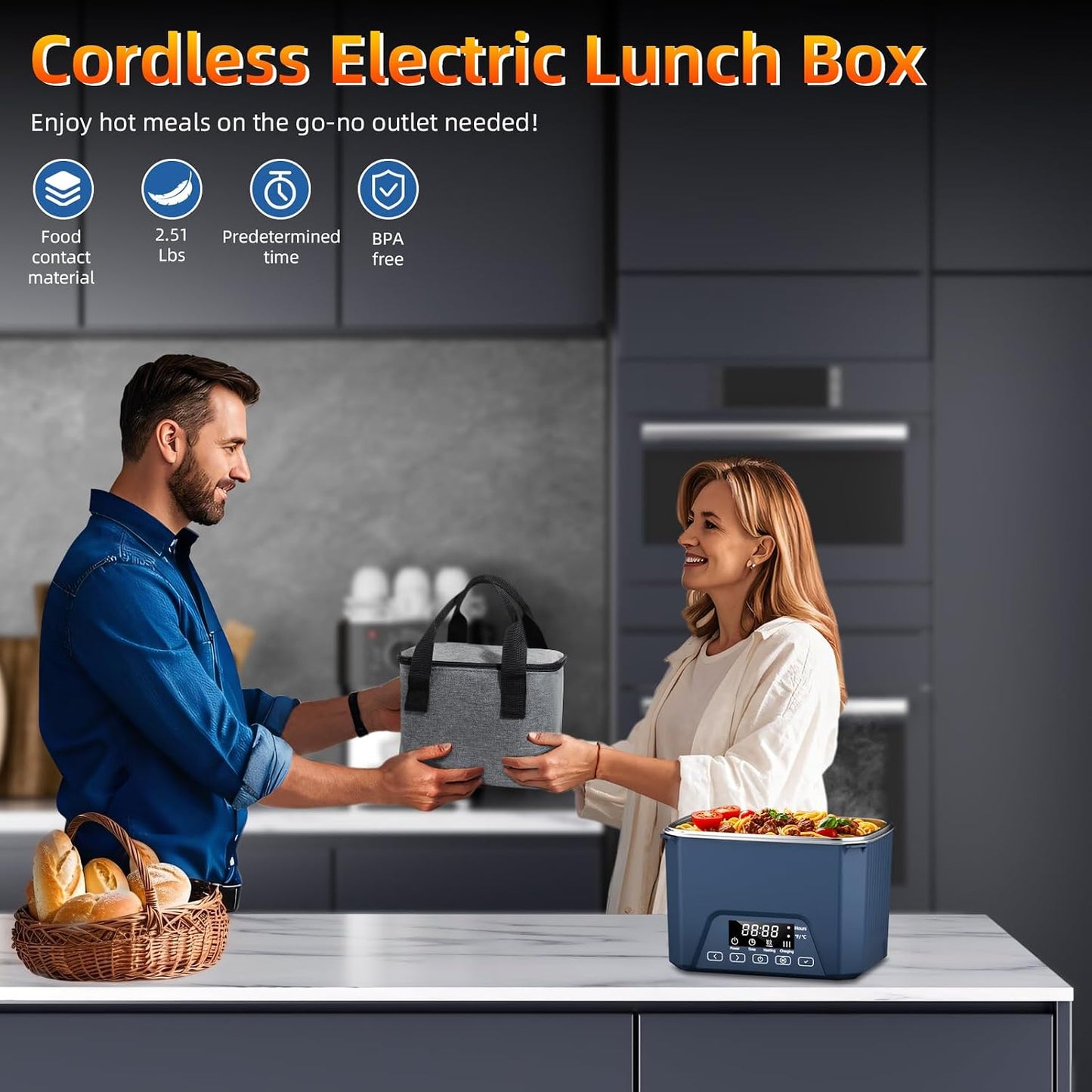 Cordless Electric Lunch Box, 1.2L Self Heating Lunch Box Battery Powered with Automatic Heating, BPA Free, Meal Prep Friendly, Portable Food Warmer for Work, Construction, Truck & Travel (Blue)