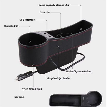 2PCS Car Seat Gap Organizer Rechargeable Dual USB Leather Storage Box Cup Holder