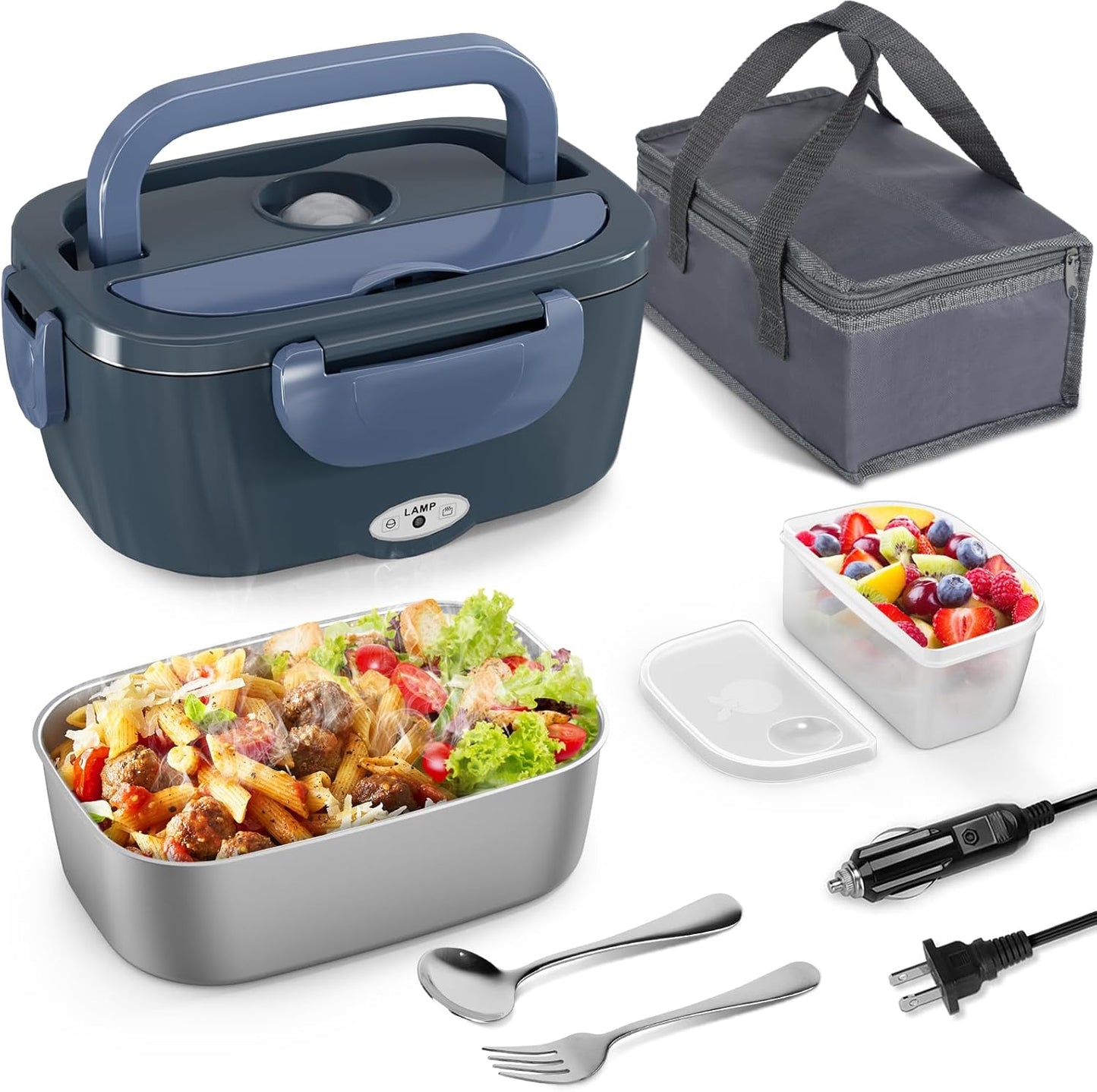 Electric Lunch Box for Adults, 1.2L/41Oz, 100W Fast Heated Lunch Box, 12V/24V/110V Portable Food Heater for Car/Office Work with 304 Stainless Steel Container, Blue Gray