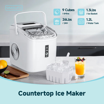 Countertop Ice Maker with Handle,Portable Ice Machine with Basket and Scoop, 9 Bullet Ice in 6 Mins, 26Lbs/24H, Self-Cleaning