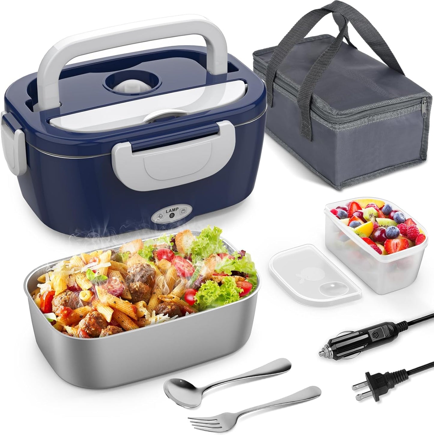 Electric Lunch Box for Adults, 1.2L/41Oz, 100W Fast Heated Lunch Box, 12V/24V/110V Portable Food Heater for Car/Office Work with 304 Stainless Steel Container, Blue Gray