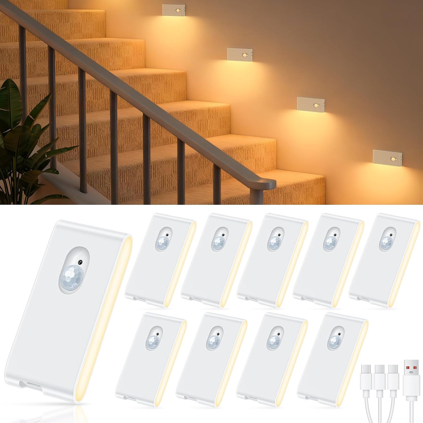 Stair Lights Indoor, Warm White Rechargeable Night Light, Wireless Motion Sensor Light Indoor for Stairs, Hallway, Stairway, Bathroom, Bedroom, Kitchen, 10 Pack
